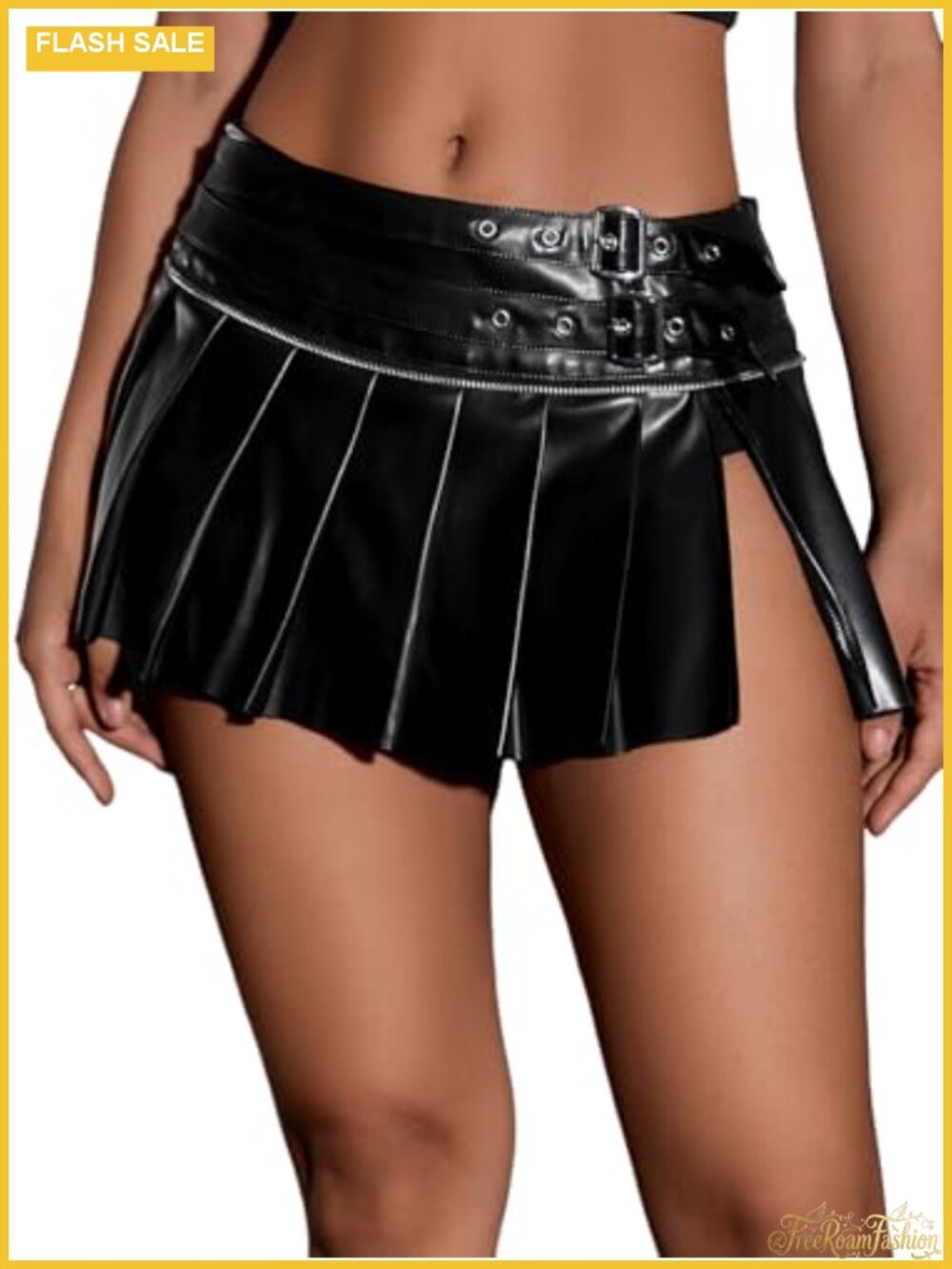 PU Leather Pleated Low Waist Mini Skirt with Buckle Grommet Eyelet